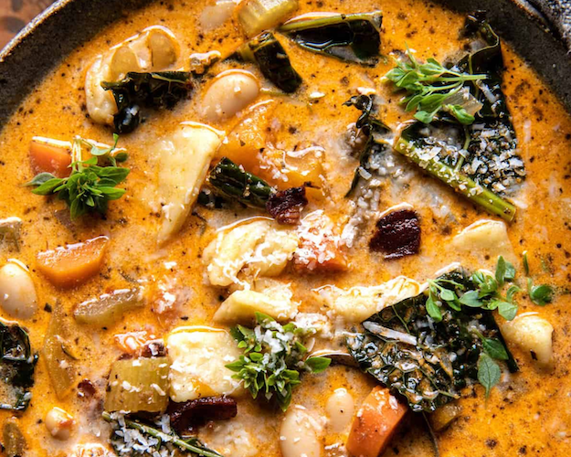 Cooker Creamy White Bean Noodle Soup with Rosemary Bacon